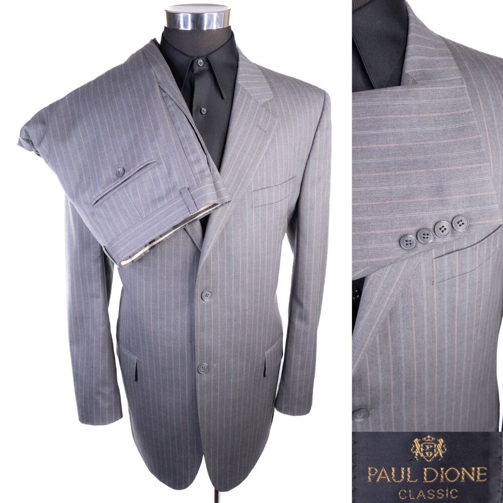 Paul Dione 2-Pcs Striped Gray Suit Jacket Blazer Sz 44L Pants 36X32 Wool 2-buttn